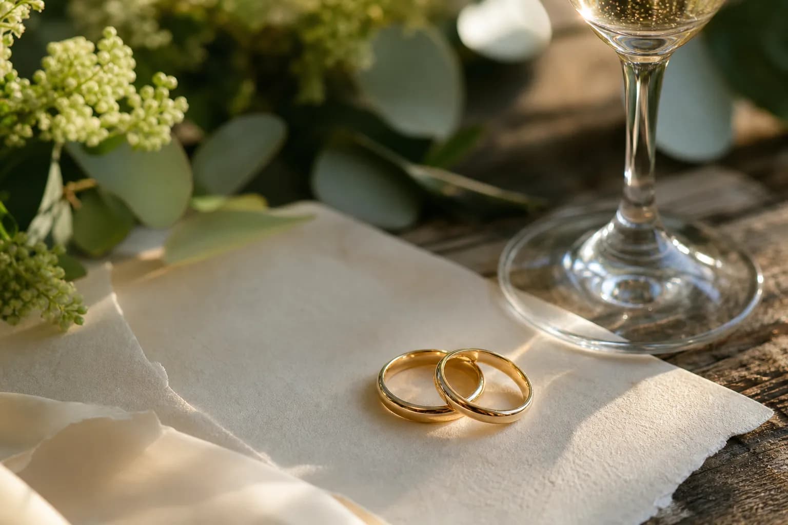 Ringe und Papeterie-Detail im warmen Champagnerlicht