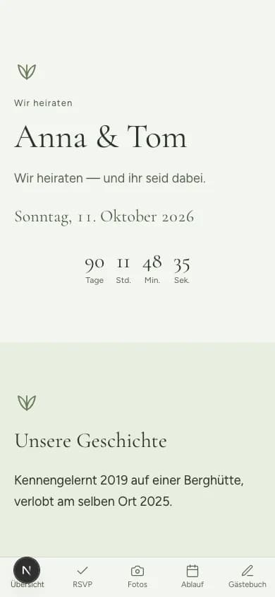 Vorschau des Botanical-Designs auf der Hochzeitswebsite von Anna & Tom