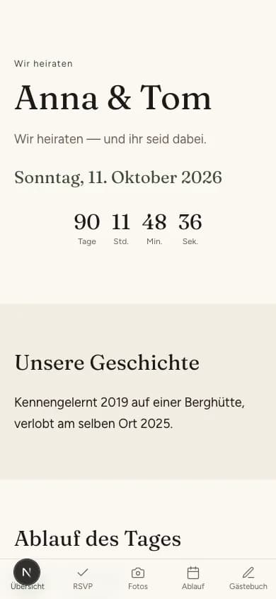 Vorschau des Editorial-Designs auf der Hochzeitswebsite von Anna & Tom
