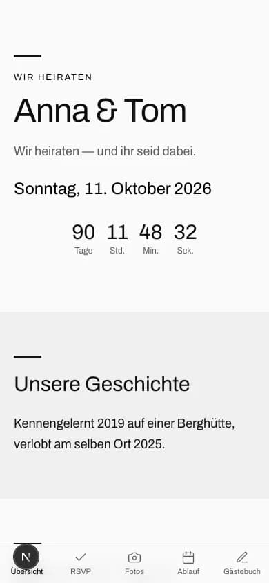 Vorschau des Modern Minimal-Designs auf der Hochzeitswebsite von Anna & Tom