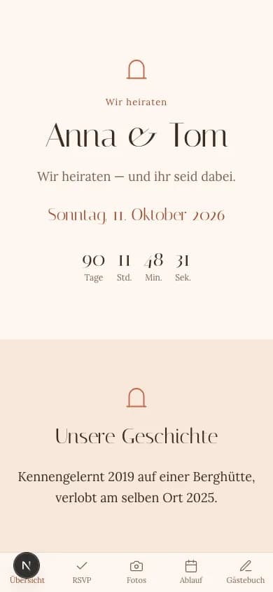 Vorschau des Riviera-Designs auf der Hochzeitswebsite von Anna & Tom