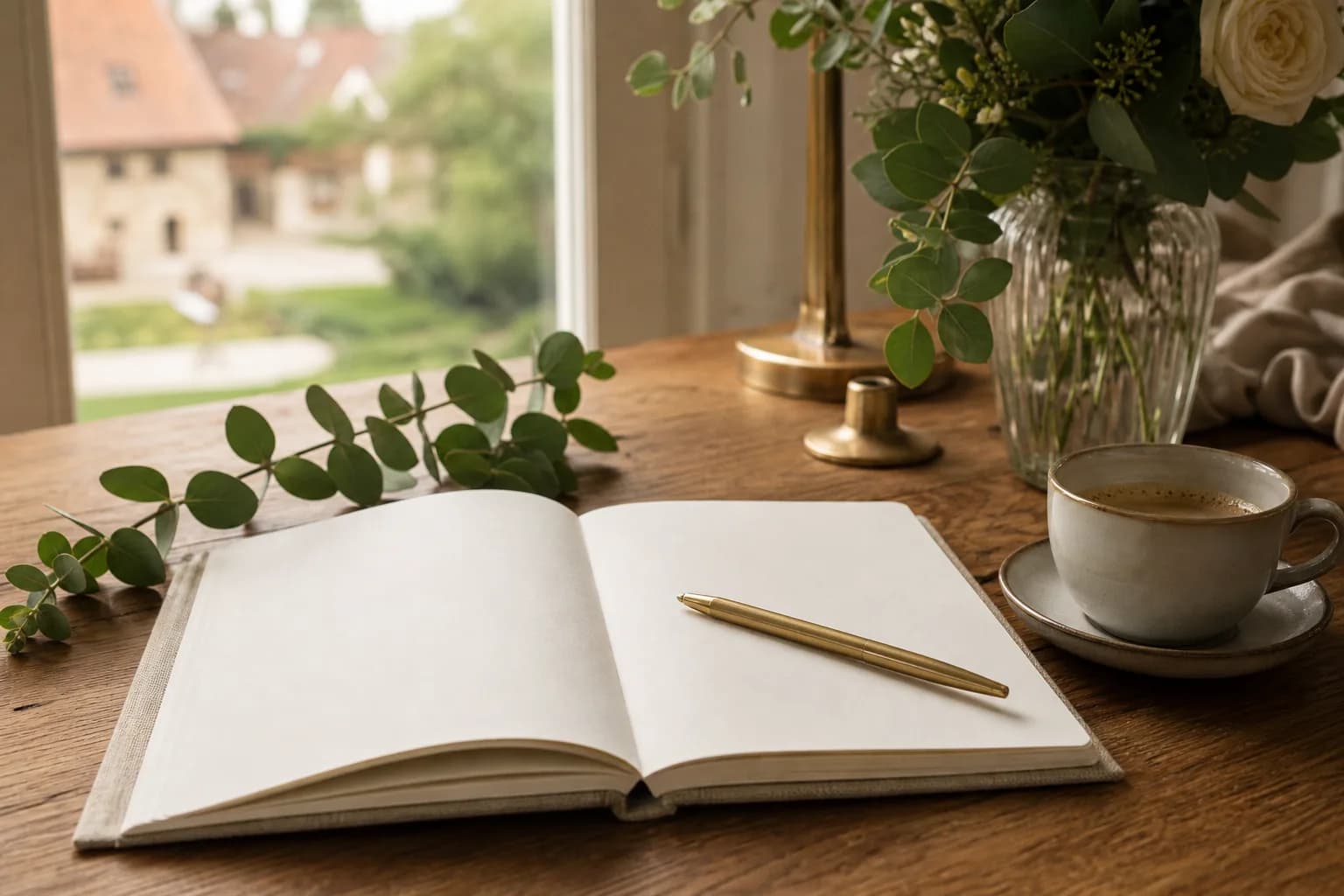 Ruhiges Stillleben mit Kaffee, Notizbuch und Eukalyptuszweig am Fenster — Hochzeitsplanung in Ruhe