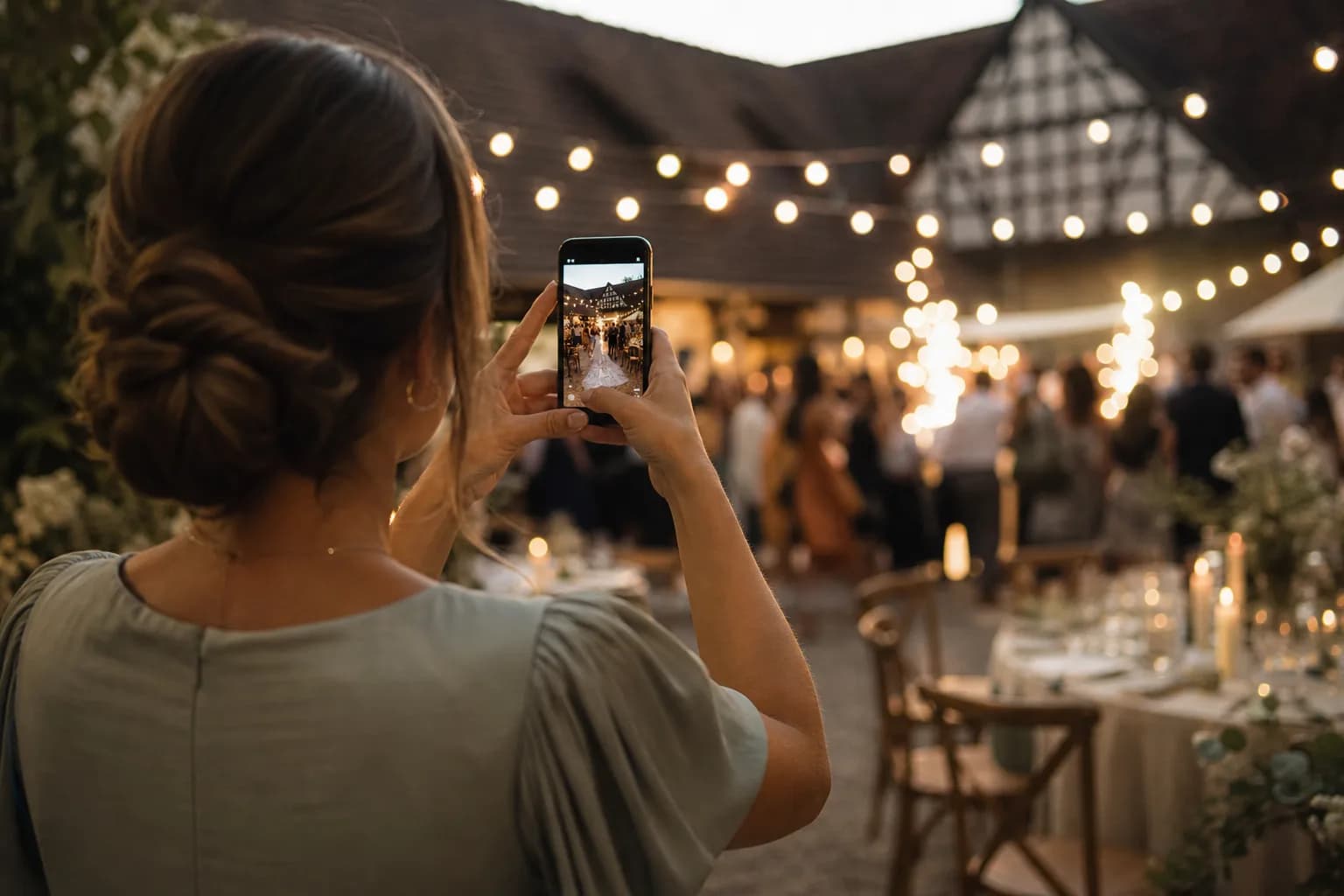 Hochzeitsgast fotografiert die Tanzfläche mit dem Smartphone